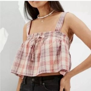 NWT American Eagle Plaid Tie Front Smocked Cropped Swing Tank Top Sz S